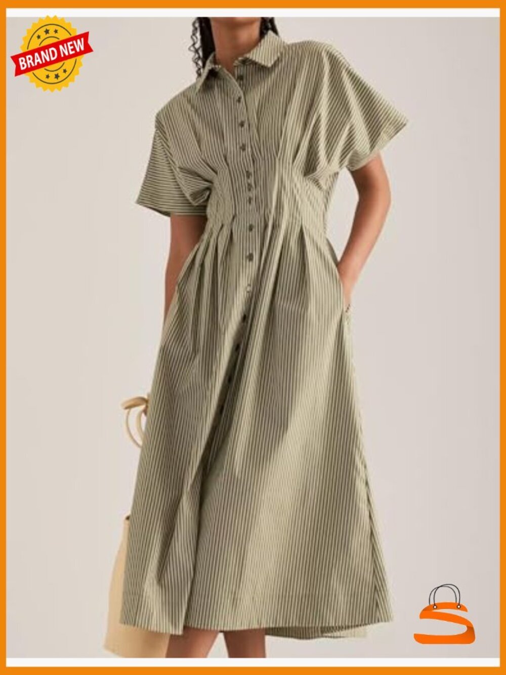 Striped Button Front Pleated Maxi Shirt Dress Short Sleeve V Neck Corset - Picture 2 of 6